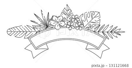 Ribbon with stylized palm leaves. Decorative image of tropical foliage and plants. 131121668