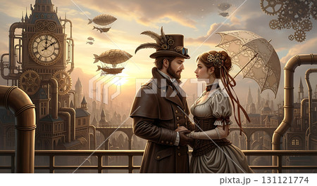 A steampunk couple stands on a balcony holding hands, set against a backdrop of whimsical airships, gears, and intricate buildings, with a large clock in the background 131121774