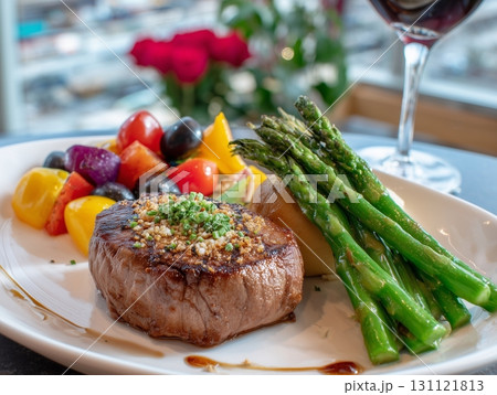 Gourmet Delight: Succulent Lamb Steak in a Fine Dining Setting	 131121813