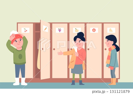 Children dress up near lockers. Kids changing clothes in kindergarten or elementary school, dressing up for walking outside, flat recent vector scene Children dress up near lockers. Kids changing clothes in kindergarten or elementary school, dressing up for walking outside, flat recent vector scene 131121879