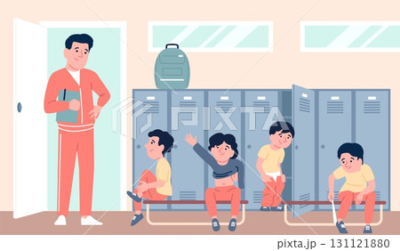 Kids locker room. Boys sport team changing clothes under supervision of trainer. Physical education in elementary school, gym workout for children recent vector scene 131121880