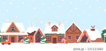 Winter holidays village. Christmas decorations on wooden cabins and countryside houses, red car with xmas tree, sweets. New Year vector seamless border Winter holidays village. Christmas decorations on wooden cabins and countryside houses, red car with xmas tree, sweets. New Year vector seamless border 131121882