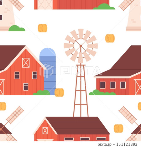 Countryside farm buildings seamless pattern. Mill, red barn, windmill. Decorative agriculture building print for fabric, textile backdrop, vector background 131121892