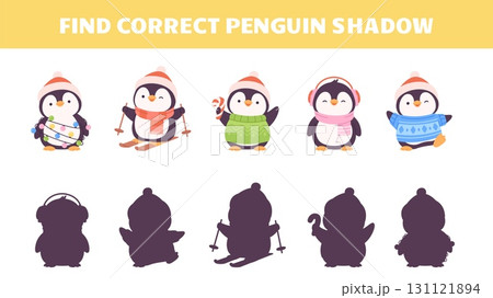 Children educational play with christmas funny penguins. Cute penguin with garland, sweets, wear santa hat. Winter holiday kids game vector template 131121894