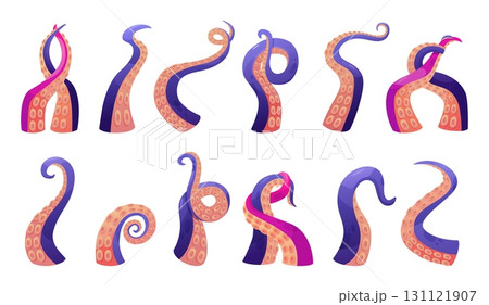 Cartoon octopus tentacles set. Tentacle hugging each other. Isolated jellyfish or underwater monster elements. Creepy curly nowaday vector set 131121907