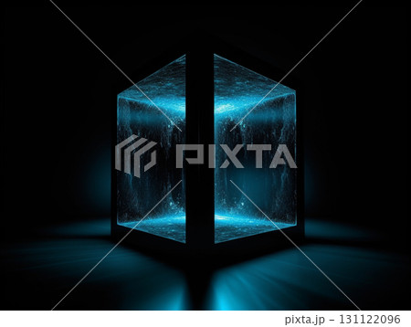 A dark image featuring a glowing, transparent blue cube with sparkling particles inside, creating a futuristic and digital aesthetic. 131122096