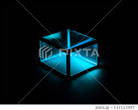 A dark image featuring a glowing, transparent blue cube with sparkling particles inside, creating a futuristic and digital aesthetic. 131122097