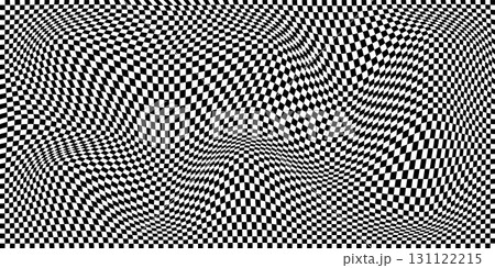 Warped black and white checkered pattern. Distorted chessboard grid creating an optical illusion effect. Wavy background for retro, psychedelic, visual designs. Abstract vector illustration 131122215