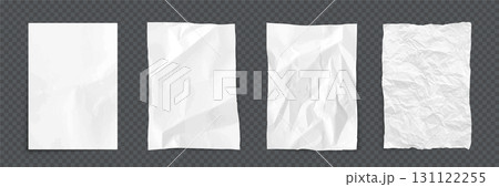 Paper sheets with wrinkles texture. Set of white empty vertical pages with smooth, folded, and wrinkled surfaces. Realistic vector illustration for notes, posters, or design mockups 131122255