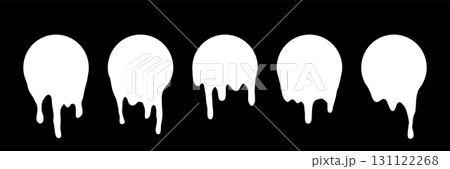 Dripping milk icons. Set of white round shapes with dripping liquid texture on black background. Isolated vector illustrations 131122268