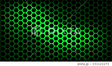 Honeycomb glowing green seamless pattern. Bright neon green illuminated hexagonal grid on black. Vector futuristic design with luminous effect for sci-fi wallpapers, gaming textures, and backgrounds 131122271