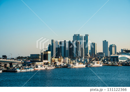Sokcho skyline with ferris wheel and fishing boats, South Korea 131122366