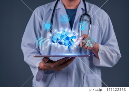 Doctor AI technology in healthcare. artificial intelligence medical care, data for diagnostics, treatment, and patient well-being. integration of machine learning in modern hospitals and clinics. 131122388