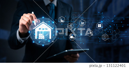 Supply chain and smart warehouse control with delivery system, e-commerce logistics, digital tracking, and cloud-based inventory. Innovative technology and global shipping connection. 131122401