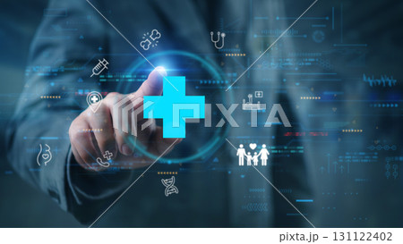 Medical professional interacting with futuristic health interface, showcasing innovation in telemedicine, digital records, and smart healthcare technology. Medical professional interacting with futuristic health interface, showcasing innovation in telemedicine, digital records, and smart healthcare technology. 131122402