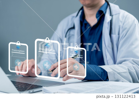 Close-up of physician writing e-prescription, showing healthcare IT system, digital health documentation, patient data entry and modern online medical service technology hospital software. Close-up of physician writing e-prescription, showing healthcare IT system, digital health documentation, patient data entry and modern online medical service technology hospital software. 131122413