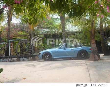 A Light Blue Convertible Parked in a Tropical Garden with Palm Trees and a Wagon Wheel 131122458