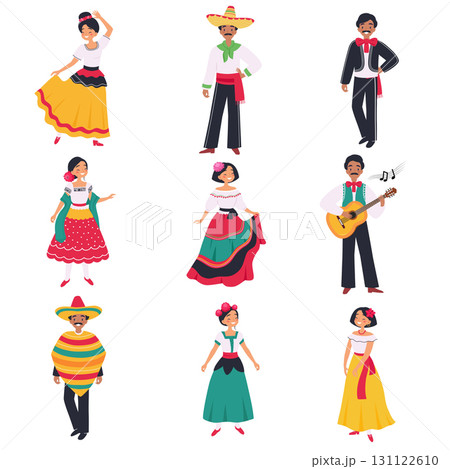 Mexican Man and Woman Character in Traditional Clothes Vector Set 131122610