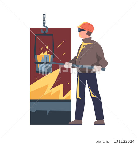 Metallurgy with Man Character Work in Steel Production Plant Vector Illustration 131122624