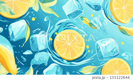 A refreshing overhead view of sliced lemons, ice cubes, and fresh mint leaves scattered on a vibrant light blue surface, with water drops. 131122648
