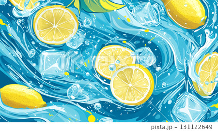 A refreshing overhead view of sliced lemons, ice cubes, and fresh mint leaves scattered on a vibrant light blue surface, with water drops. 131122649