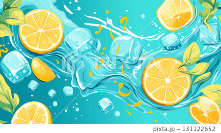 A refreshing overhead view of sliced lemons, ice cubes, and fresh mint leaves scattered on a vibrant light blue surface, with water drops. A refreshing overhead view of sliced lemons, ice cubes, and fresh mint leaves scattered on a vibrant light blue surface, with water drops. 131122652