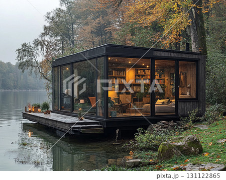 A cozy, modern tiny house with a black exterior and a glass front, sitting on a wooden deck over a misty lake. Warm light glows from inside, reflecting on the water surrounded by autumn trees. A cozy, modern tiny house with a black exterior and a glass front, sitting on a wooden deck over a misty lake. Warm light glows from inside, reflecting on the water surrounded by autumn trees. 131122865