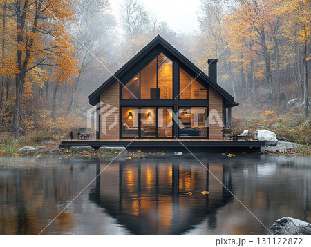 A cozy, modern tiny house with a black exterior and a glass front, sitting on a wooden deck over a misty lake. Warm light glows from inside, reflecting on the water surrounded by autumn trees. 131122872