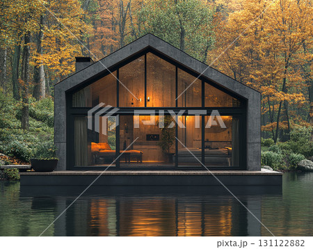 A cozy, modern tiny house with a black exterior and a glass front, sitting on a wooden deck over a misty lake. Warm light glows from inside, reflecting on the water surrounded by autumn trees. 131122882