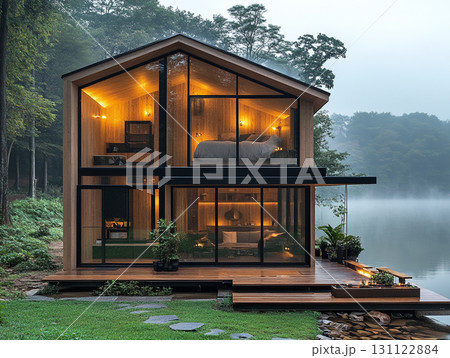 A cozy, modern tiny house with a black exterior and a glass front, sitting on a wooden deck over a misty lake. Warm light glows from inside, reflecting on the water surrounded by autumn trees. 131122884