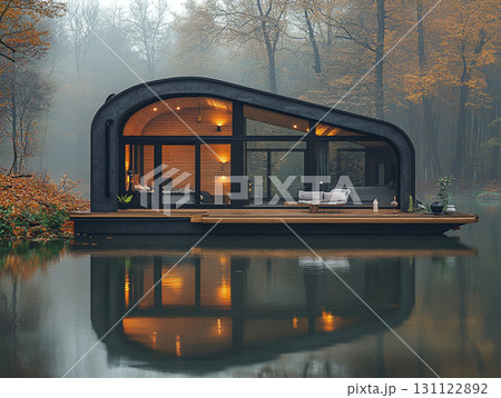 A cozy, modern tiny house with a black exterior and a glass front, sitting on a wooden deck over a misty lake. Warm light glows from inside, reflecting on the water surrounded by autumn trees. 131122892
