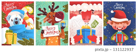 Christmas characters cards. Xmas cartoon santa claus cute character with gift, noel elf presenting candy eve winter holiday new year mascot post posters, classy vector illustration Christmas characters cards. Xmas cartoon santa claus cute character with gift, noel elf presenting candy eve winter holiday new year mascot post posters, classy vector illustration 131122937