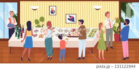 Hotel buffet. Smorgasbord in restaurant, people at dining table catering all inclusive service breakfast food wedding party business banquet cafe event, classy vector illustration 131122944