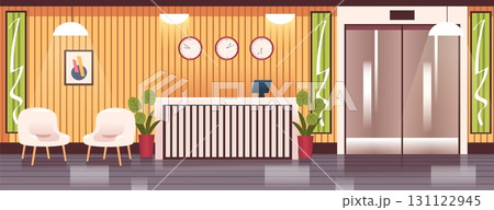 Hotel reception interior. Receptionist information desk, empty lobby hall indoor luxury hostel office hallway area cartoon background secretary counter, classy vector illustration 131122945