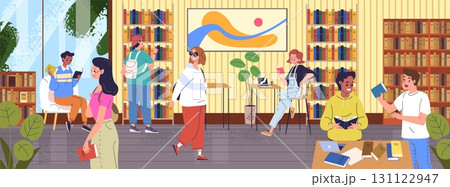 People public library. Students read books reading room college interior, young man woman choosing book on bookshelf study coworking bookstore bookcase, classy vector illustration 131122947