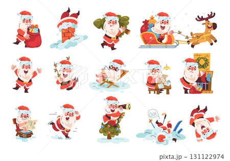 Funny cartoon santa. Cute claus characters set, xmas noel old man in christmas hat cap with gifts bag white beard new year mascot winter holiday present, classy vector illustration 131122974