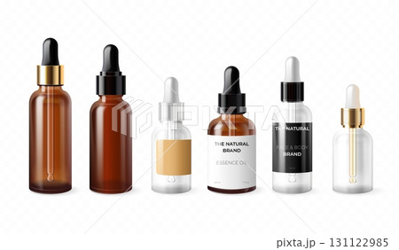 Cosmetic dropper. Realistic droppers with pipette, amber glass bottles serum skincare or eye drop medicine oil apothecary cosmetics product mockup, 3d exact vector illustration 131122985