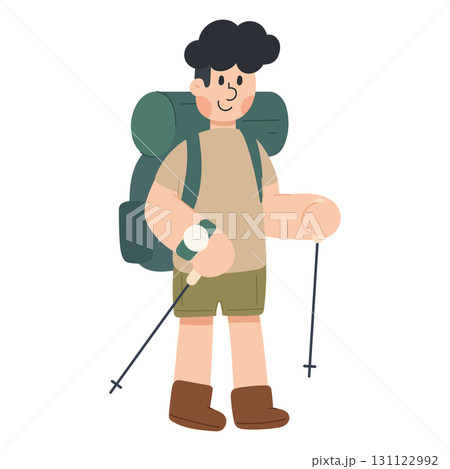 Vector cartoon illustration of a traveller. Hiking, outdoor adventure, and exploration concept. 131122992