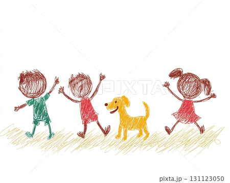 A whimsical child-like drawing of a boy and a girl playing with a dog in a grassy field under the sun. 131123050