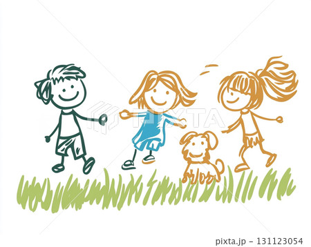 A whimsical child-like drawing of a boy and a girl playing with a dog in a grassy field under the sun. 131123054