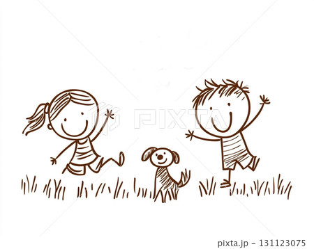 A whimsical child-like drawing of a boy and a girl playing with a dog in a grassy field under the sun. 131123075