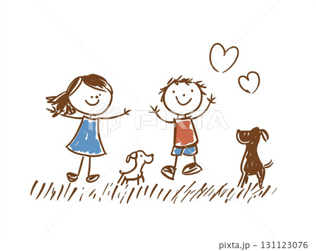 A whimsical child-like drawing of a boy and a girl playing with a dog in a grassy field under the sun. 131123076