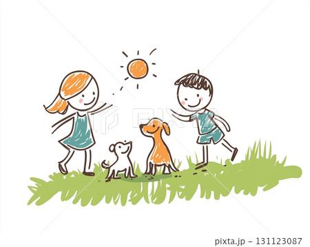 A whimsical child-like drawing of a boy and a girl playing with a dog in a grassy field under the sun. 131123087
