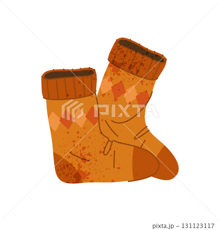 Warm knitted socks. Vector seasonal footwear or hosiery, foot apparel with autumn or fall colors. Cold weather hygge clothing. Indoor clothing for feet. Apparel, textile design. Clothing and home wear 131123117