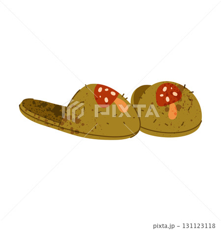 Warm house slippers or home cloth with mushroom. Vector seasonal hygge footwear for cold weather. Fall apparel with decoration. Garment icon. Wardrobe accessory and comfort feet stitched clothing. 131123118