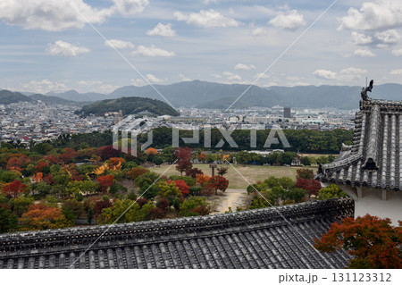 Himeji Castle park panorama showing autumn trees city skyline and distant mountains under blue sky 131123312