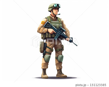 3D cartoon illustration of a soldier in full camouflage gear, helmet, and tactical vest, holding a rifle, with a backpack and knee pads, standing in a ready position. 3D cartoon illustration of a soldier in full camouflage gear, helmet, and tactical vest, holding a rifle, with a backpack and knee pads, standing in a ready position. 131123385