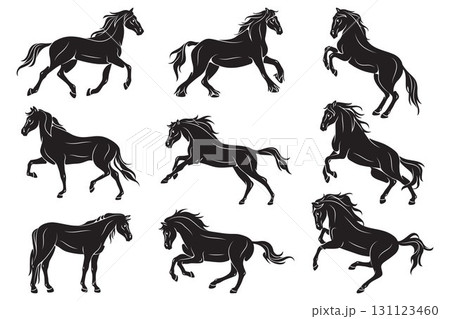 Set of horse movement or running, standing animal. Vector silhouette of mammal gallop motion. Stallion and mare gait. Broodmare and mustang side view. Freedom, wildlife element. Equestrian sport icon. 131123460