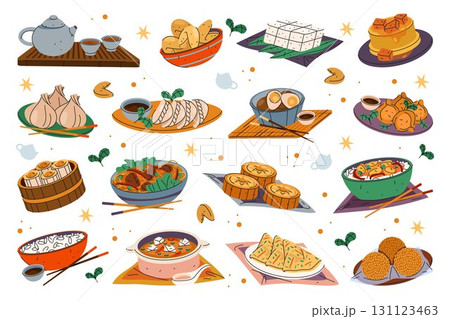 Set of vector Chinese food or Asian meal. Pastry and bakery, dessert and vegetable China dish. Vegetable appetizer and meat snack. Fondue and dumpling, tea and mooncake, tofu and rice, roll. Cooking. Set of vector Chinese food or Asian meal. Pastry and bakery, dessert and vegetable China dish. Vegetable appetizer and meat snack. Fondue and dumpling, tea and mooncake, tofu and rice, roll. Cooking. 131123463