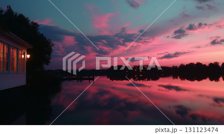 Vibrant sunset over calm waters with reflections and serene surroundings at dusk 131123474